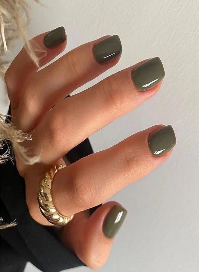 KQueenest Olive Green Press on Nails Short Square, Glazed Acrylic Nails Press on Solid Color, Natural Fake Nails Short, Reusable Stick on Nails for Women Finger Wear 24 Pcs - Image 2